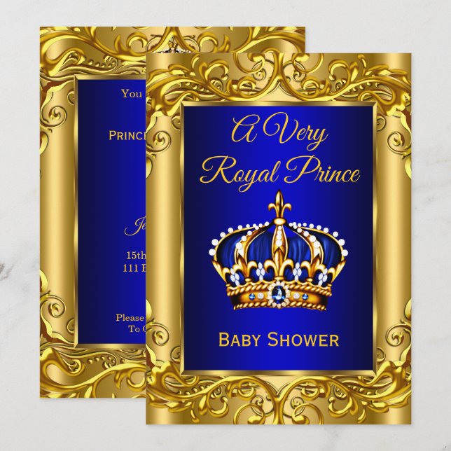 Royal Prince Baby Shower Royal blue guld Inbjudningar (Fram/baksida)