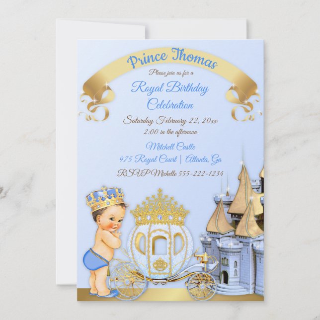 Royal Prince Castle Carriage Blue Guld Boy Photo Inbjudningar (Framsida)