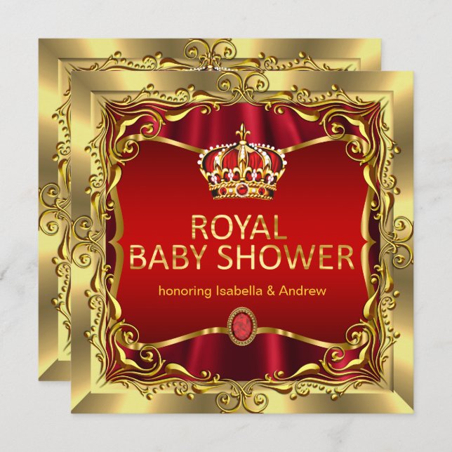 Royal Prince eller Princess Baby Shower Red Guld Inbjudningar (Fram/baksida)