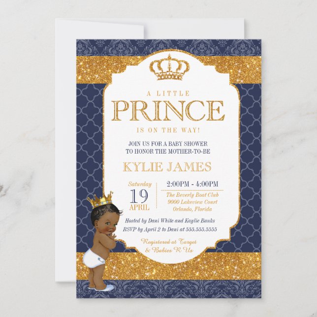 Royal Prince Navy Blue Guld White Baby Shower 2 Inbjudningar (Framsida)