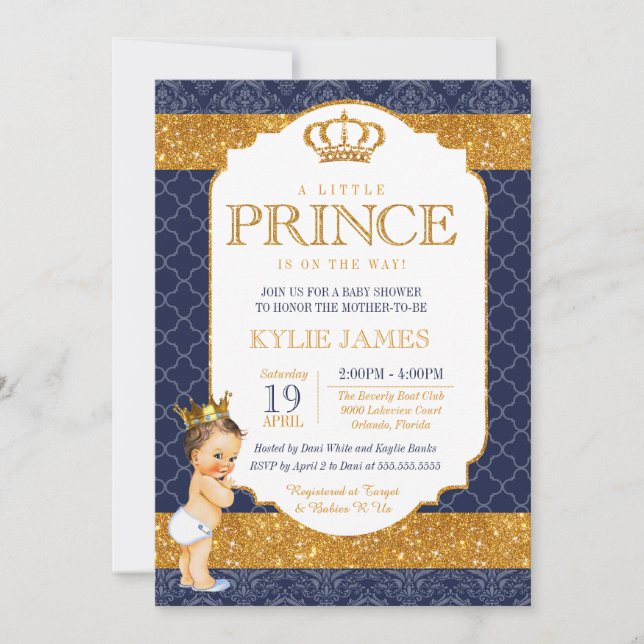 Royal Prince Navy Blue Guld White Baby Shower Inbjudningar (Framsida)