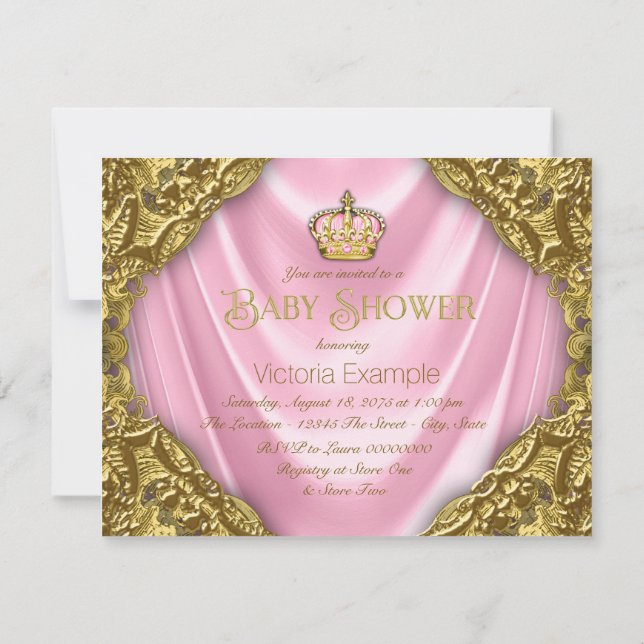 Royal Princess Baby Shower Rosa Satin och Guld Inbjudningar (Baksida)