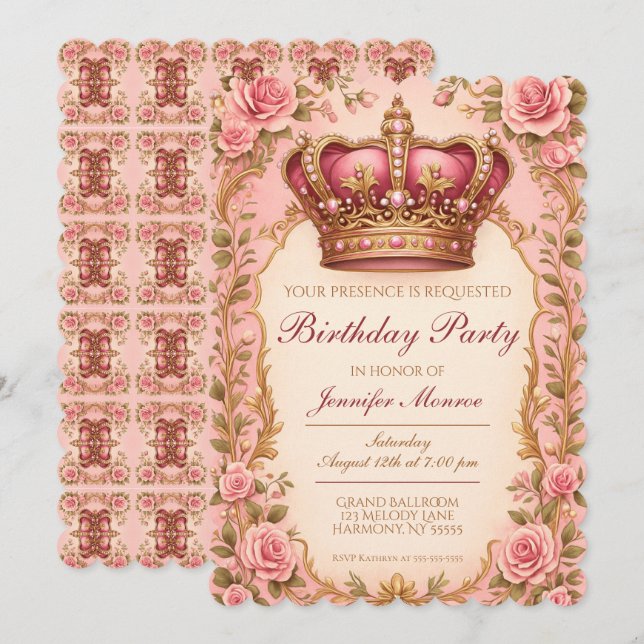 Royal Princess Birthday Party Crown Ornate Inbjudningar (Fram/baksida)