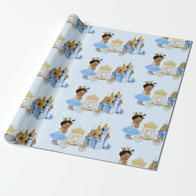 Royal Princess Castle Carriage Blue Guld Girl Presentpapper (Utrullad)