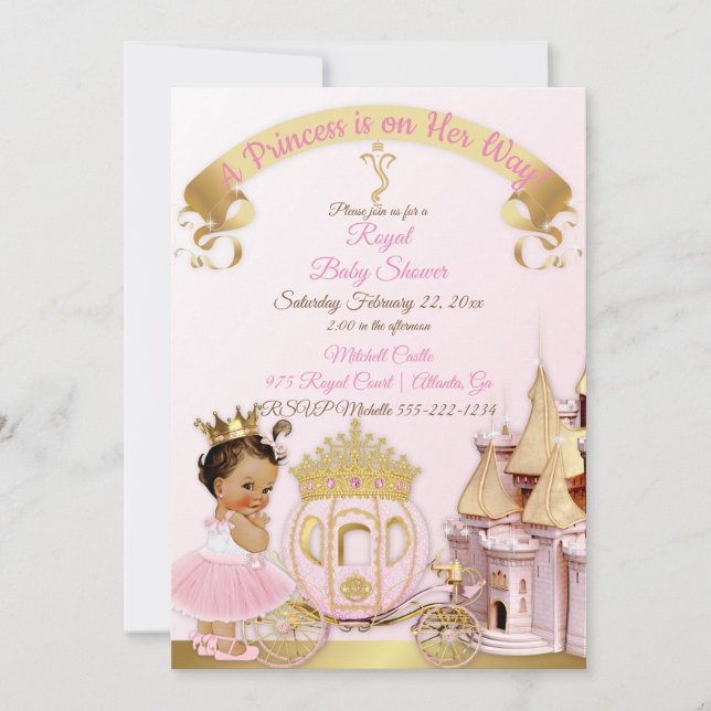 Royal Princess Castle Carriage Rosa Guld Girl Inbjudningar (Framsida)