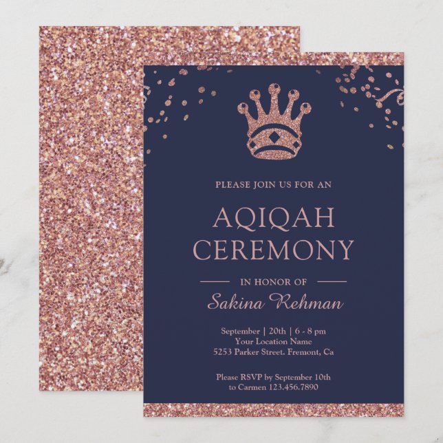 Royal Princess Ro Guld Glitter Aqeeqah | Aqiqah Inbjudningar (Fram/baksida)