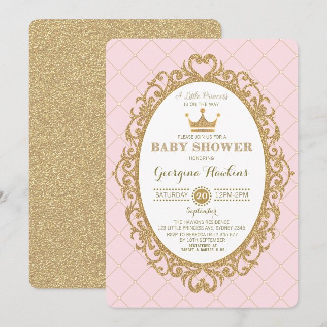 Royal Prinsessan Krona Rosa Guld Baby Shower Inbju Inbjudningar (Fram/baksida)