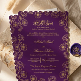 Royal Purple and Gold Floral Islamic Muslim Nikkah Inbjudningar