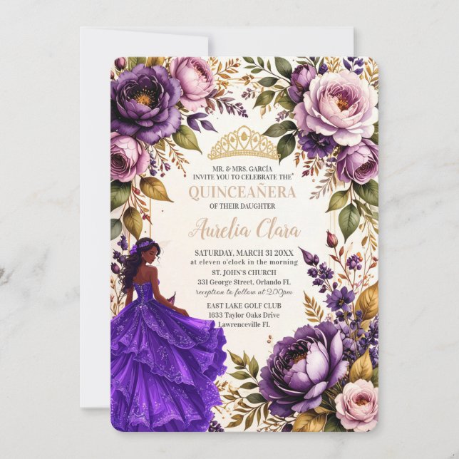 Royal Purple Blush Floral Princess Quinceanera 16 Inbjudningar (Framsida)