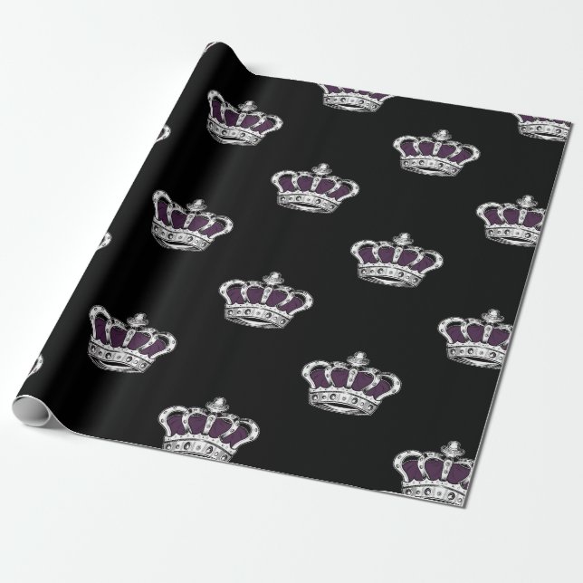 Royal Purple Crown Pattern on Bold Black Back Presentpapper (Utrullad)