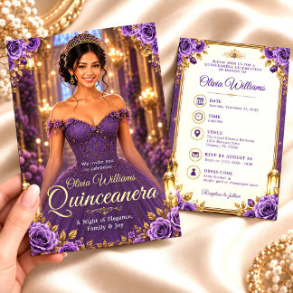 Royal Purple & Gold Quinceañera Födelsedag Inbjudningar