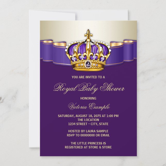 Royal Purple Guld Princess Bebis Bebisdopp Inbjudningar (Framsida)
