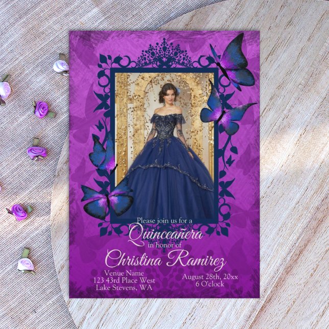 Royal Purple Mörkblå Fjäril Quinceanera  Inbjudningar (royal purple and dark blue  quinceanera invitations )