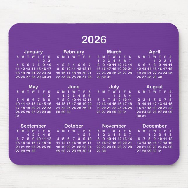 Royal Purple och Vit 2026 Kalender Musmatta (Framsidan)