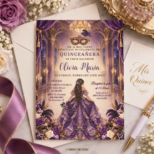 Royal Purple Plommon Blommig Masquerade Quinceañer Inbjudningar