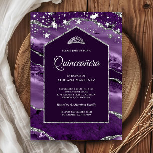 Royal Purple Silver Agate Marble Arch Quinceañera Inbjudningar