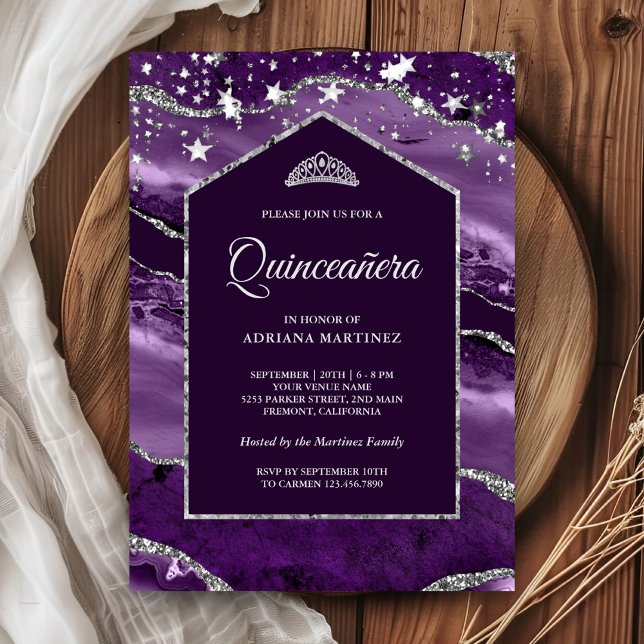 Royal Purple Silver Agate Marble Arch Quinceañera Inbjudningar (Skapare uppladdad)