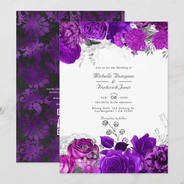 Royal Purple & Silver Blommig Bröllops QR-kod Rsvp Inbjudningar (Fram/baksida)