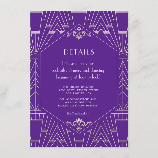 Royal Purple Silver Stor Gatsby Bröllopsdetaljer Tilläggskort (Framsida)