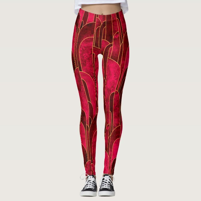 Royal Red and Guld Art Deco Mönster Leggings (Framsida)
