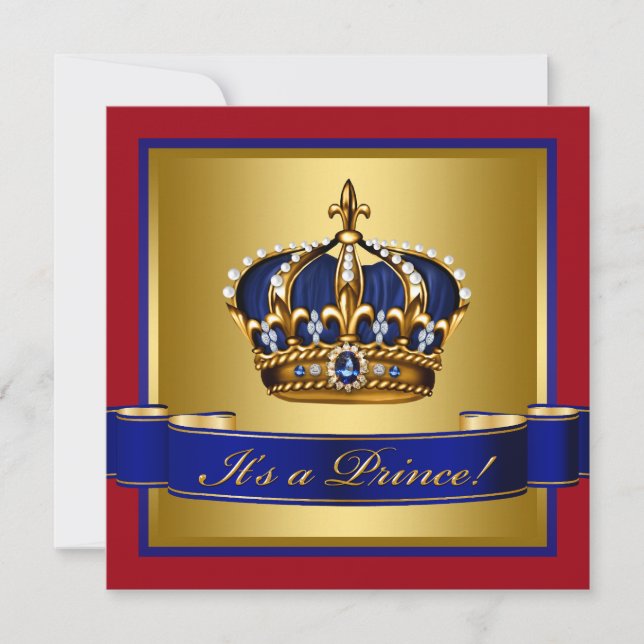 Royal Red Blue och Guld Krona Prince Baby Shower Inbjudningar (Framsida)