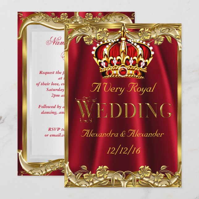 Royal Red Bröllop Guld Krona Inbjudningar (Fram/baksida)