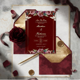 Royal Red & Gold Floral Dove Wedding Invite Inbjudningar
