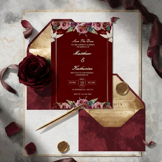 Royal Red & Gold Floral Dove Wedding Invite Inbjudningar (Skapare uppladdad)