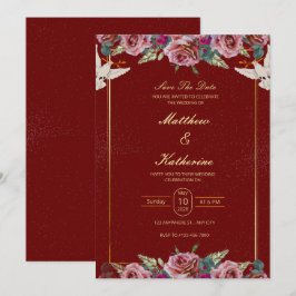 Royal Red & Gold Floral Dove Wedding Invite Inbjudningar