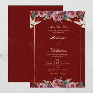 Royal Red & Gold Floral Dove Wedding Invite Inbjudningar