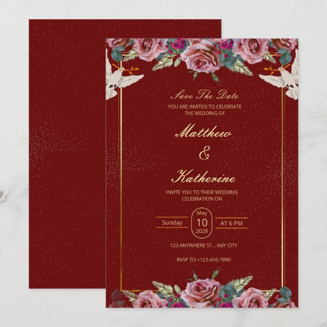 Royal Red & Gold Floral Dove Wedding Invite Inbjudningar (Fram/baksida)
