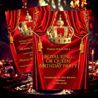 Royal Red Gold King Queen Crown Birthday Party 2 Inbjudningar
