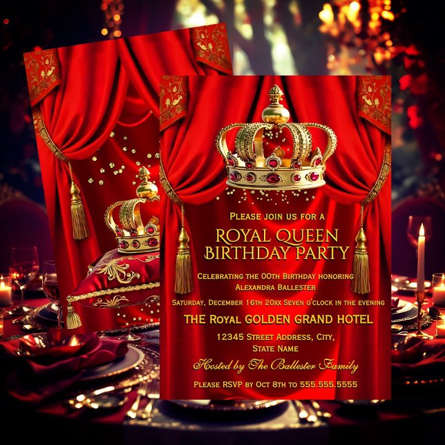 Royal Red Gold Queen Crown Birthday Party Inbjudningar (Skapare uppladdad)