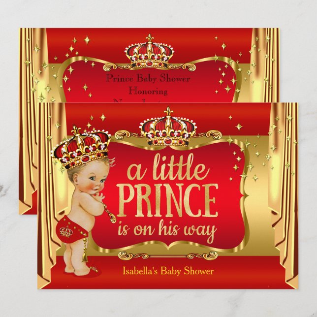 Royal Red Guld Boy Prince Baby Shower Blonde Inbjudningar (Fram/baksida)