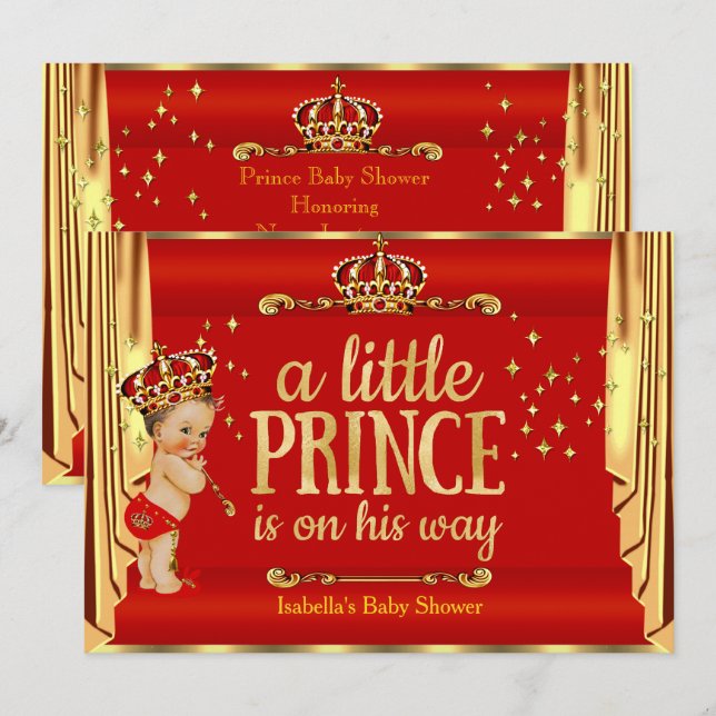 Royal Red Guld Drapes Prince Baby Shower Brunette Inbjudningar (Fram/baksida)