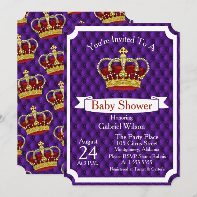 Royal Red Krona & Lila Regal Baby Shower Inbjudningar (Fram/baksida)