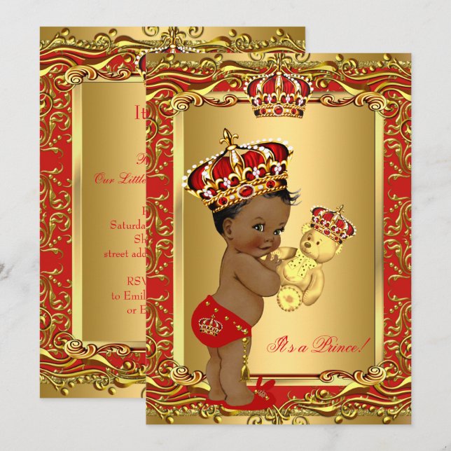 Royal Red Prince Krona Baby Shower Bear Ethnic Inbjudningar (Fram/baksida)