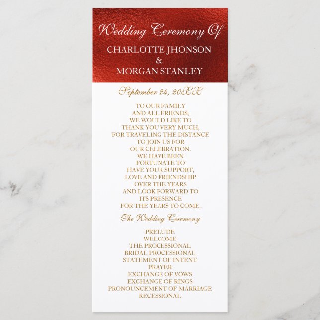 Royal Red Shiny White Bröllopsprogram Program (Framsida)