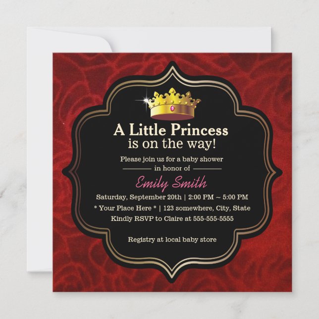 Royal Red Velvet Little Princess Krona Baby Shower Inbjudningar (Framsida)