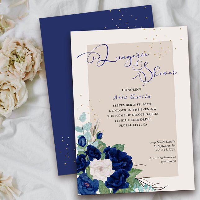 Royal Ro Blue Ivory Blommigt Lingerie Shower Inbjudningar (Floral Lingerie Shower invitation from my Royal Roses collection
)