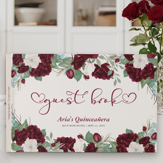 Royal Ro Burgundy Red med Elegant Calligraphy Gästböcker (Floral Guest Book with sweet calligraphy to personalize for Quinceanera or other special event)