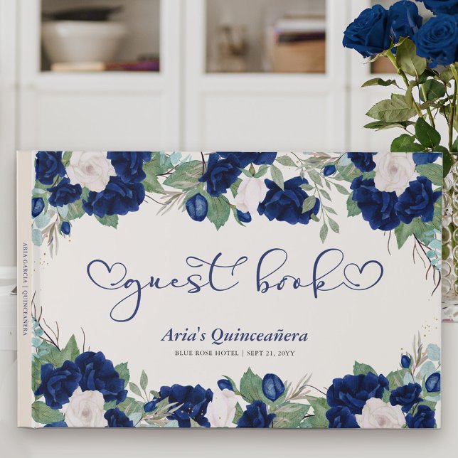 Royal Ro i blått med Elegant-kalligrafi Gästböcker (Floral Guest Book with sweet calligraphy to personalize for Quinceanera or other special event)