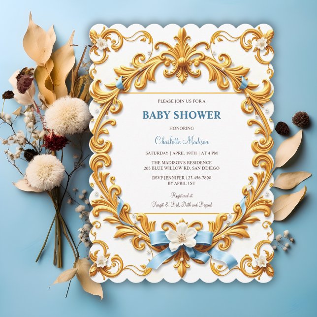 Royal Rococo Blue Guld Blommigt Boy Shower Inbjudningar (Royal Rococo Blue Gold Floral Boy Baby Shower Invitation)