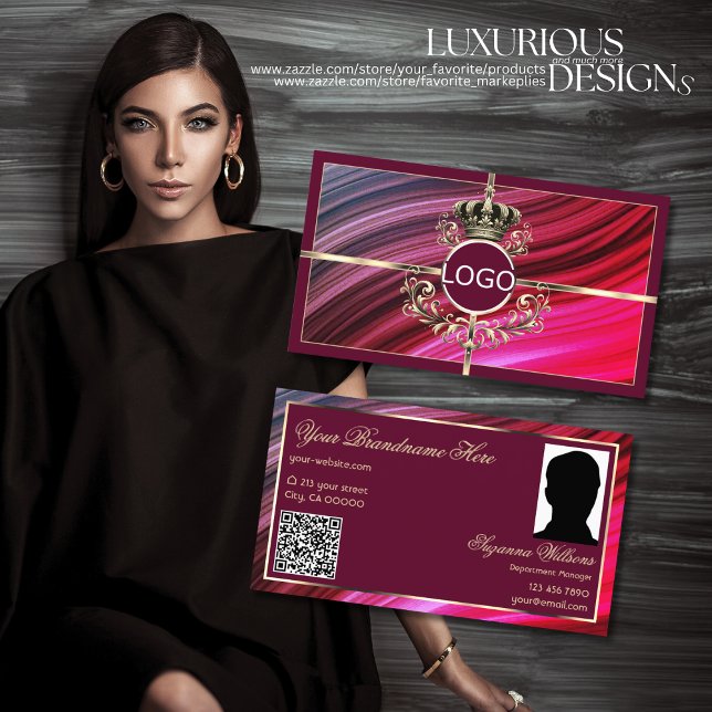 Royal Rosa Burgundy Guld Krona Logotyp Foto QR-kod Visitkort (Skapare uppladdad)