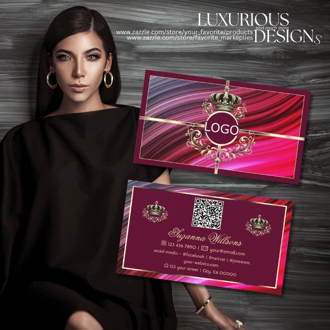 Royal Rosa Burgundy Guld Krona med Logotyp QR-kod Visitkort (Skapare uppladdad)
