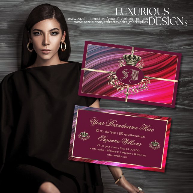 Royal Rosa Burgundy Guld Krona med Monogram Nobly Visitkort (Skapare uppladdad)