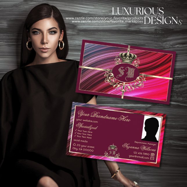 Royal Rosa Burgundy Guld Krona med Monogram Photo Visitkort (Skapare uppladdad)