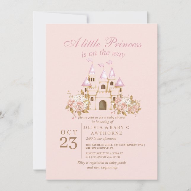 Royal Rosa Guld Castle Princess Baby Shower Inbjudningar (Framsida)