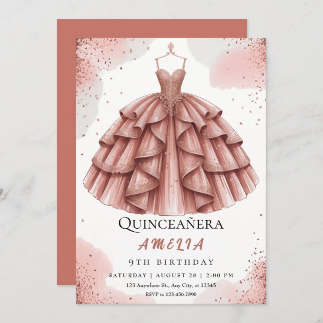 Royal  Rosa & Ro Guld Quinceañera Inbjudningar (Fram/baksida)