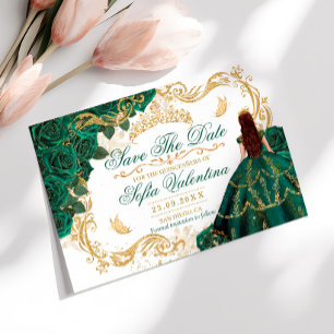 Royal Smaragdgrön Guld Krona Quinceañera Spara Datumet